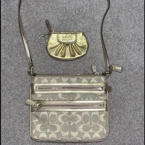 COACH gold Fabric Crossbody With Leather Coinpurse